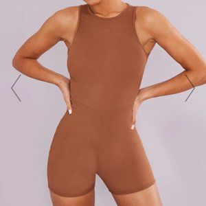 CHOCOLATE RIBBED RACER NECK UNITARD